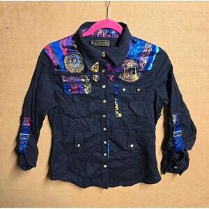 COOGI Blouse Shirt Ruffle Embroidered Womens Sz L